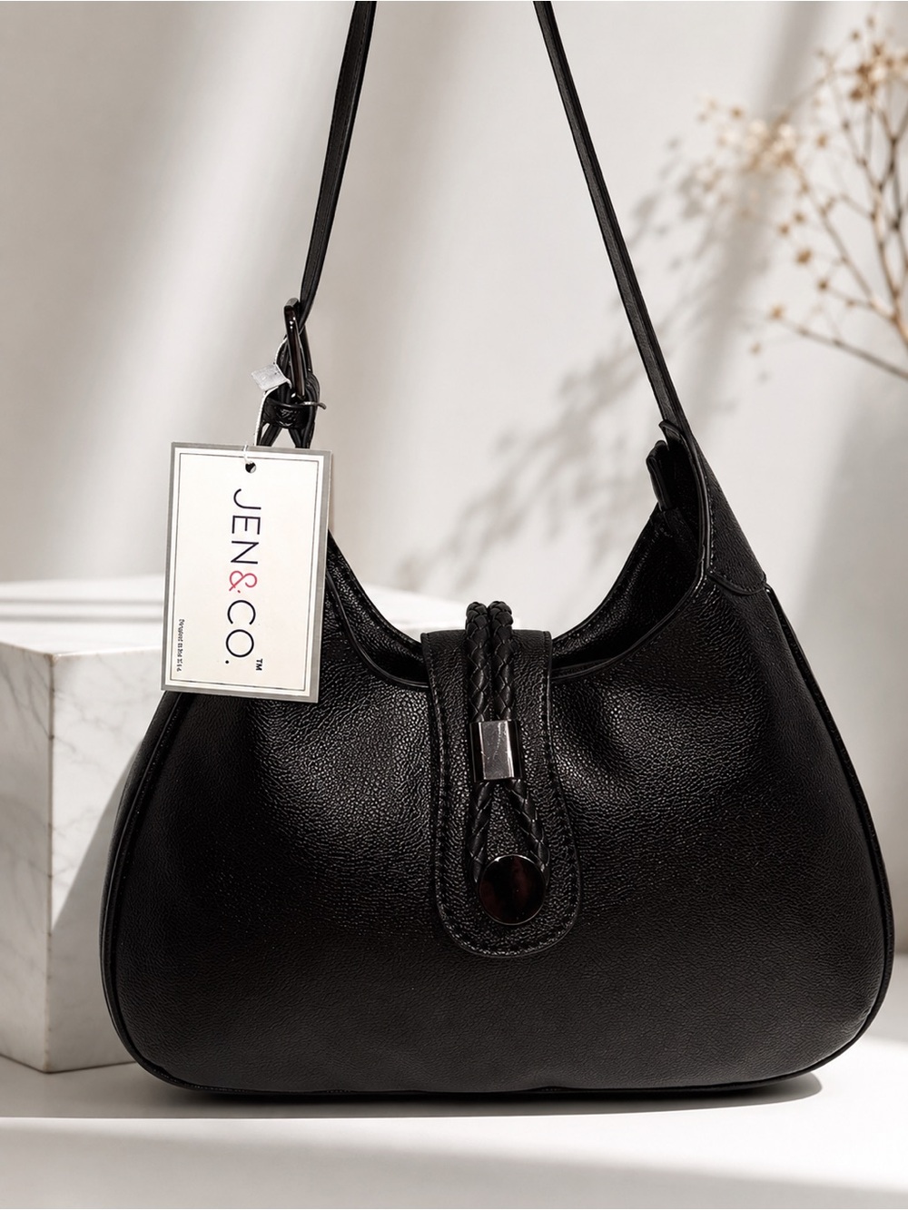 ๐ค Jen & Co Black Vegan Leather Shoulder Bag Minimalist Hobo Purse NWT
